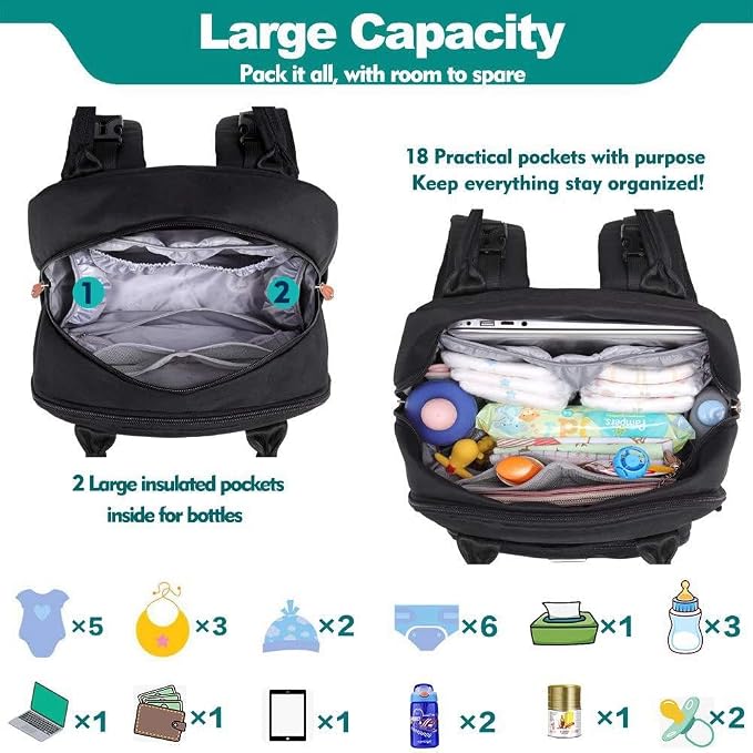 KAUKKO Baby Diaper Backpack Multifunction Travel Organizer with Stroller Straps Large Capacity and Durable (T1BLACK) (MBLACK) - Image 4