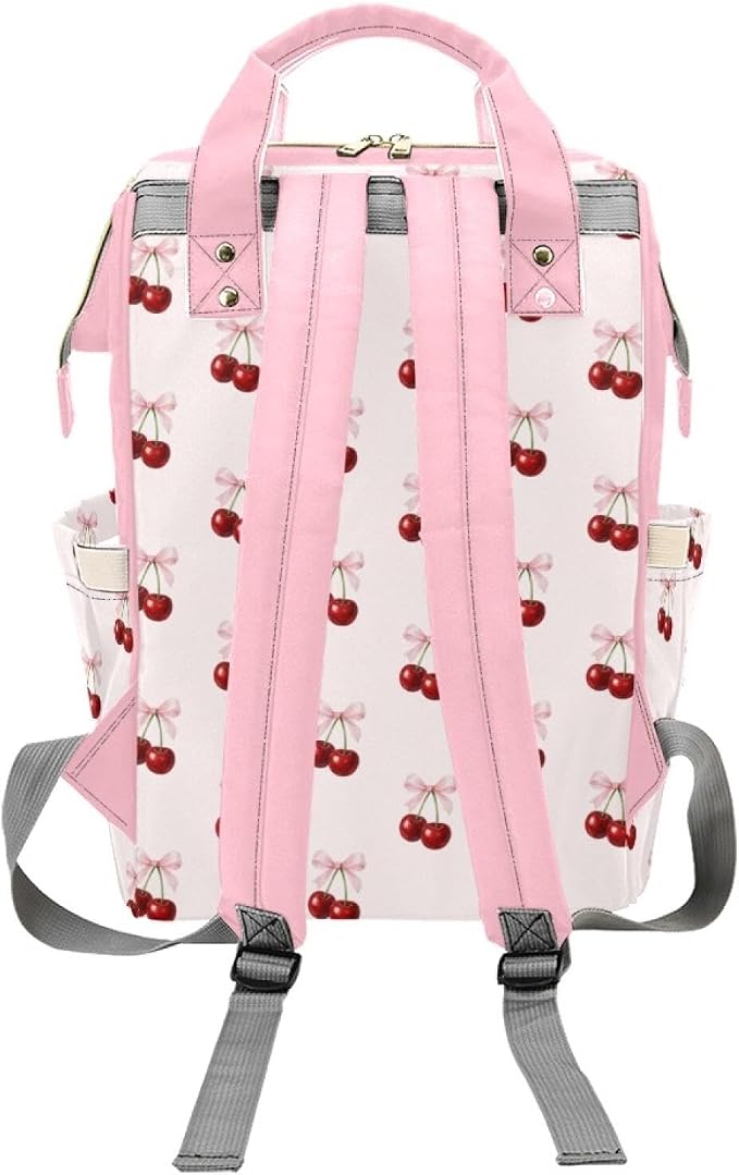 Custom Name Diaper Bag Backpack – Pink Bow with Cherry Personalized Baby Nappy Bag with Insulated Bottle Holders – Waterproof Large Capacity Travel Backpack Gift for Parents - Image 4