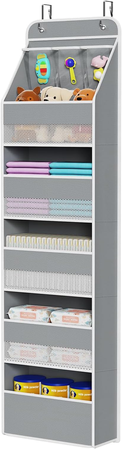 Univivi Fabric Over Door Hanging Organizer for Baby Nursery, Grey, 6-Shelf | Door Storage with Large Capacity Breathable Mesh Pockets, Over the Door Organizer for Baby Essential, Bedroom and Dorm by Univivi