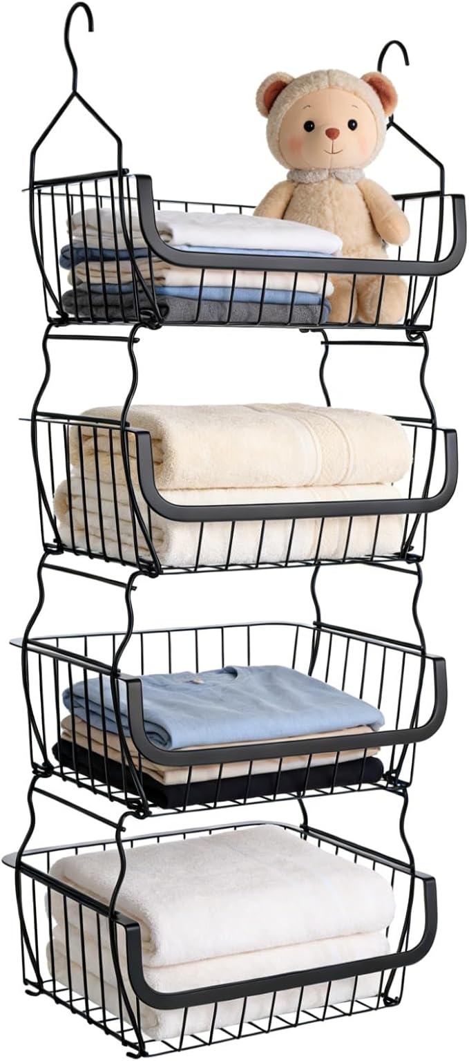 4 Tier Hanging Closet Organizer, 36.2 x 15 x 11 in Carbon Metal Hanging Storage Basket, Rustproof Heavy Duty Closet Wire Storage Shelf for Closet, Laundry, Dorm by Unknown