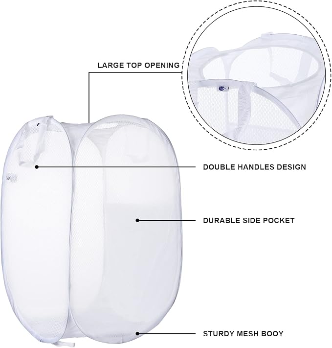 SUPNFOX 2 Pack Pop Up Mesh Laundry Baskets, Collapsible Washing Basket Popup Laundry Hamper, Foldable Laundry Bin Bag with Handles for Kids Room College Dorm Or Camping -White - Image 6
