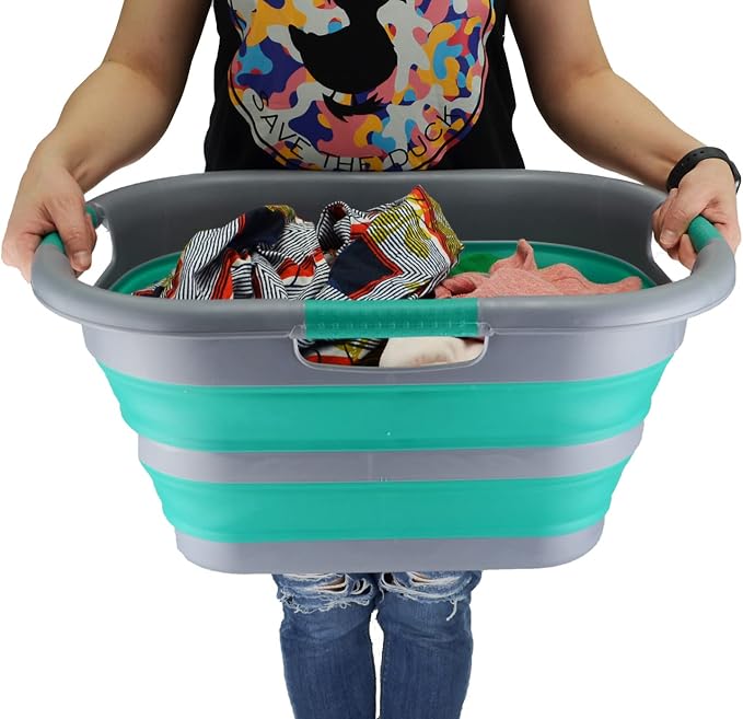SAMMART 30L (7.9 gallon) Collapsible Plastic Laundry Basket - Foldable Pop Up Storage Container/Organizer - Portable Washing Tub - Space Saving Hamper/Basket (Dark Grey/Bluish-Green (Set of 2)) - Image 6