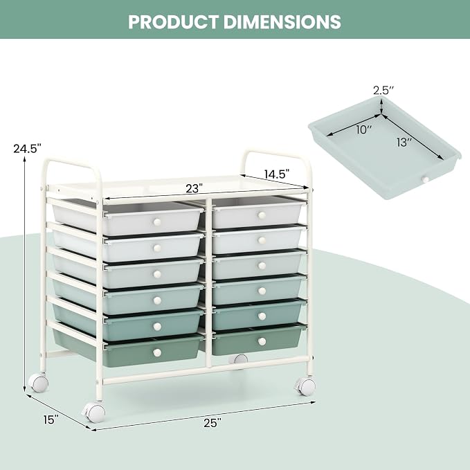 RELAX4LIFE 12-Drawer Rolling Storage Cart - Mobile Utility Cart on Wheels for School Classroom Teacher Office Salon, Paper File Art Supply Craft Organizer, Rolling Cart with Drawers (Gradient Green) - Image 3
