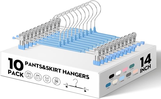 14 Inch Pants Hangers with Clips 10 Pack Skirt Hangers,Sky Blue | Non-Slip,Adjustable metal wide clips,Space-Saving,Heavy duty, for pants/skirt/dress/trousers/jeans/shorts/leggings,Women - Image 2