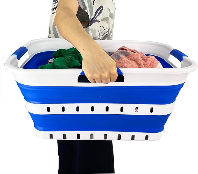 SAMMART 42L (11 gallons) Set of 2 Plastic Foldable Storage Basket/Container - Collapsible, Space Saving and Portable Laundry Hamper, Ideal for Home, Travel, Dorm (2, White/Dark Blue) - Image 6