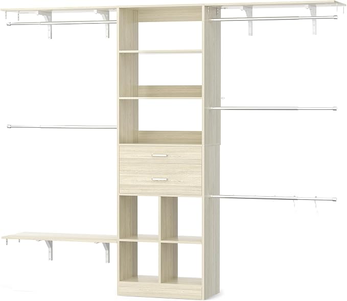 Besiost Closet System - 5-8FT Closet Organizer System with Wooden Drawers & Cube Storage Organizer, Up To 96" Closet Systems for Nursery & Walk-In Closets with Cuttable Hanging Shelving, Greige Oak - Image 9