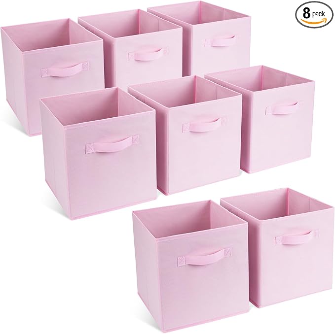 Life Hacks Fabric Storage Bins 8 Pack 11 inch Foldable Storage Cubes with Reinforced Handles Fun Colored Durable Cube Storage Bin for Home, Playroom, Closet Organizers and Storage, Pink by 1