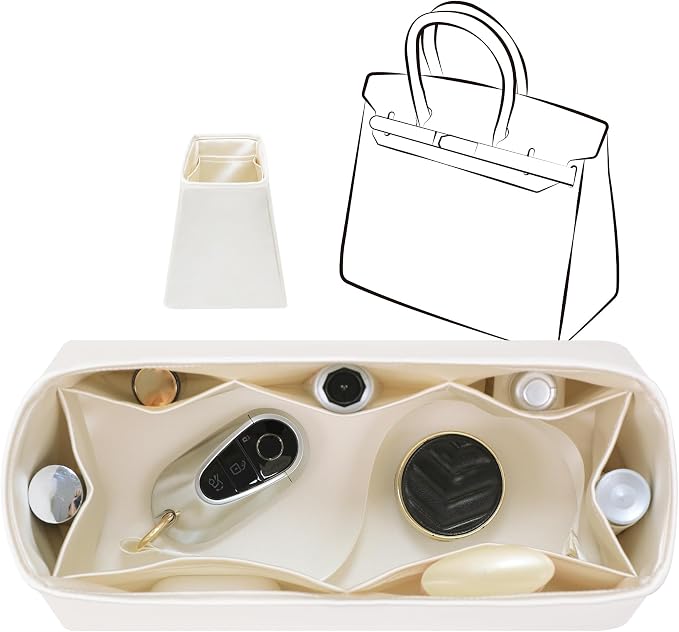 Fits for Brikin Bag Insert Organizer For Hermes(30 R,Craie) | Premium Silk Material,Smooth Touch,Lightweight,zipper,protect from scratches & stains,multiple pockets,keychain,waterproof by JLYZMoon