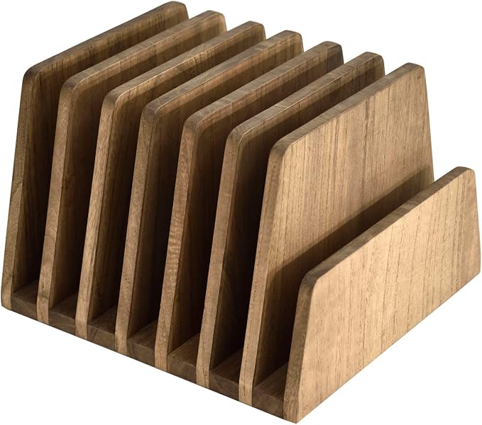 KIRIGEN Wooden File Organizer, 7-Slot Upright Holder for Desk, Brown 7K-DBR | Seven Upright Slots Sort Mail, File Folders, Papers, Bills, Envelopes, and Notebooks; 9.92 x 10.35 x 7.08 In, No Assembly by KIRIGEN