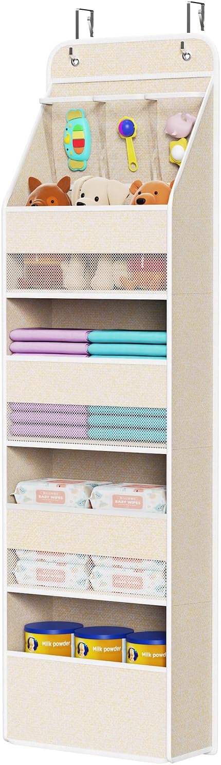 Univivi Over the Door Organizer for Baby Nursery, Beige Pattern, 5-Shelf | Door Storage with Large Capacity Breathable Mesh Pockets, Fabric Over Door Organizer for Baby Essential, Bedroom and Dorm by Univivi