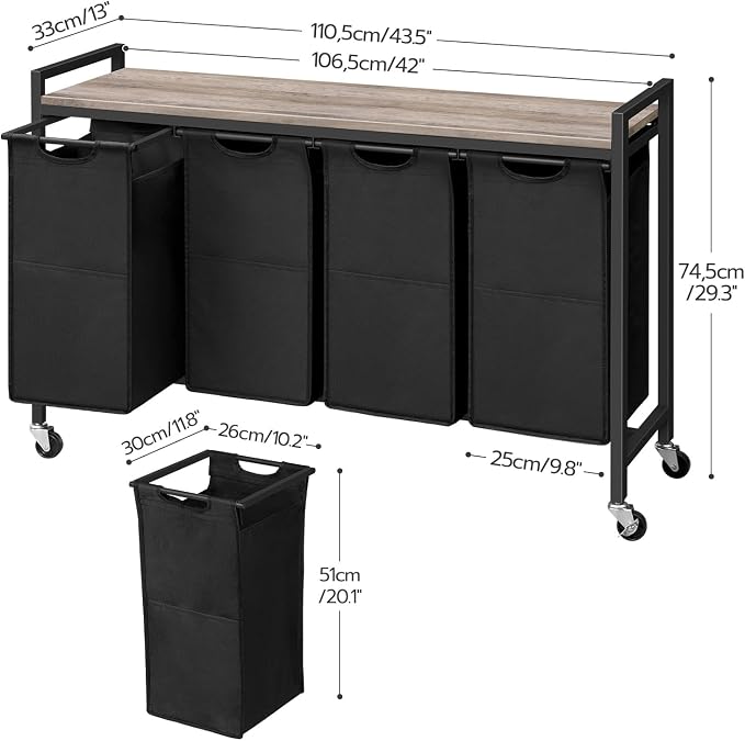 HOOBRO Laundry Sorter 4 Sections, Laundry Hamper with Wheels, 4 × 10.5 Gal (39.8L), Rolling Laundry Basket, Pull-Out and Removable Oxford Fabric Bags, Greige and Black BG04XY01 - Image 7