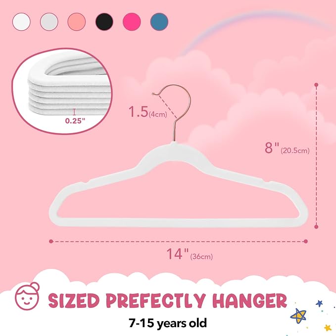 HOUSE DAY Velvet Kids Hangers 60 Pack, Premium Childrens Hangers for Closet | White Ultra Thin Cute Clothes Hanger, Non Slip Small Felt Hanger 14 Inch for Kids Clothes +360° Swivel Rose Gold Hook - Image 7