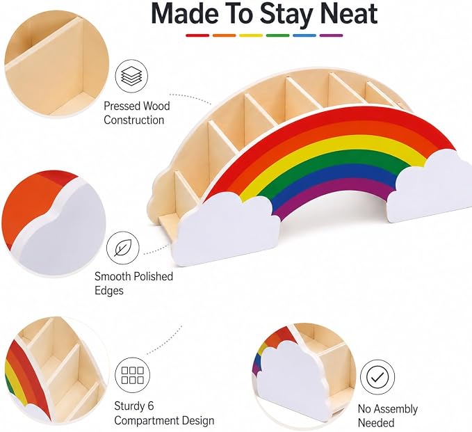 Exerz Rainbow Pencil Holder Desk Organizer with 50 Star Stickers for Kids | Pressed Wood 6 Compartments No Assembly for Pens Markers Brushes Rulers Study Craft Ideal for - Image 4