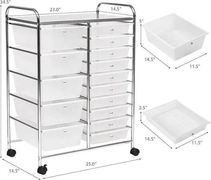 15 Drawer Rolling Storage Cart, Rolling Cart with Drawers for Classroom, Art Supply Craft Organizer on Wheel with Metal Frame & Handles for Home Office School - Image 3