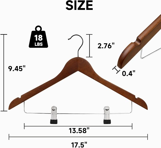 Wooden Hangers with Adjustable Metal Clips, 24-Pack, Walnut | Solid Wood Hangers with 360° Rotatable Hook for Skirt, Dress, Coats, Jacket and Pants, Space-Saving and Non-Slip Design - Image 2