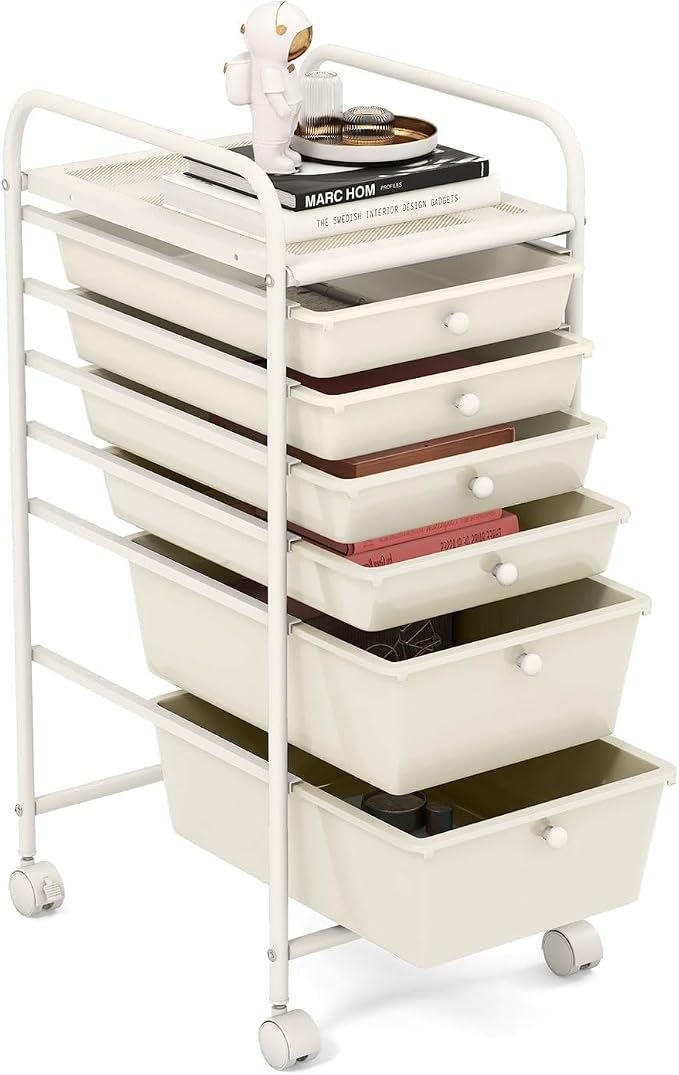 GOFLAME 6-Drawer Rolling Storage Cart, Multifunctional Art Supply Organizer Cart, Mobile Utility Storage Cart with Removable Drawers & Lockable Wheels, Craft Cart for Home Office, White by GOFLAME