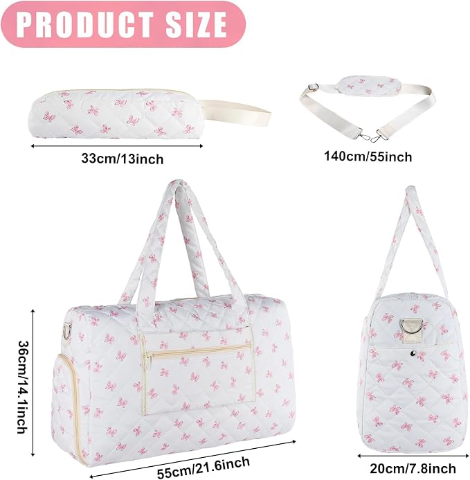 Pink Bow Quilted Duffel Bag 2 Pack Weekender with Shoe Compartment | Women's Overnight Hospital Bag for Labor Delivery, Carry-On Travel Duffel with Toiletry Pouch for Gym & Getaway - Image 2