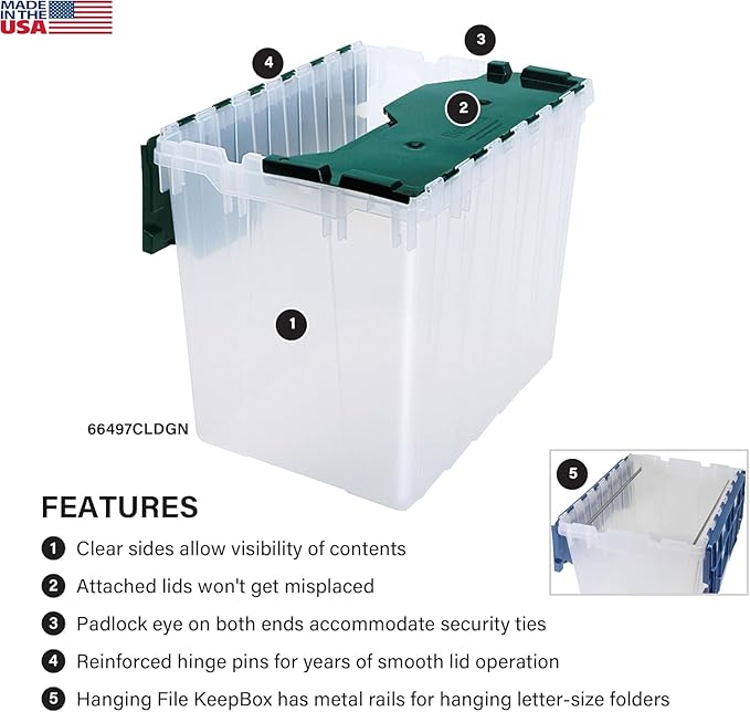 Akro-Mils KeepBox 18 Gallon Storage Container, Nesting and Stackable Plastic Storage Box with Lid Attached, Clear Tote for Garages, Closets, and Moving, 21" x 15" x 17", Clear/Green - Image 3