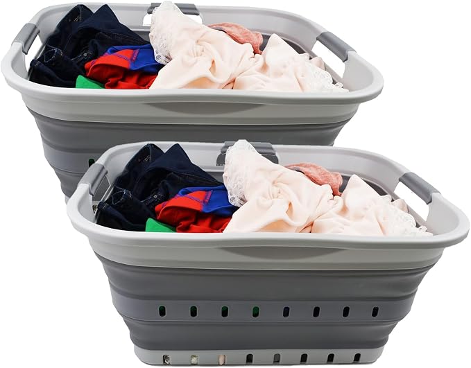 SAMMART 42 (11 Gallons) Collapsible Plastic Laundry Basket, Foldable Pop Up Storage Container/Organizer, Space Saving Hamper, Portable Bin for Dorm Room Bathroom (2, Grey) by SAMMART