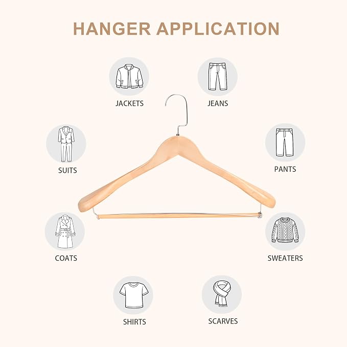 Wide Shoulder Wooden Hangers with Locking Bar, Natural Wood, 6-Pack | Non-Slip Suit Hangers with Flat-Head Hook for Suits, Jackets, Coats, Shirts, Outerwear and Heavy Clothes - Image 7