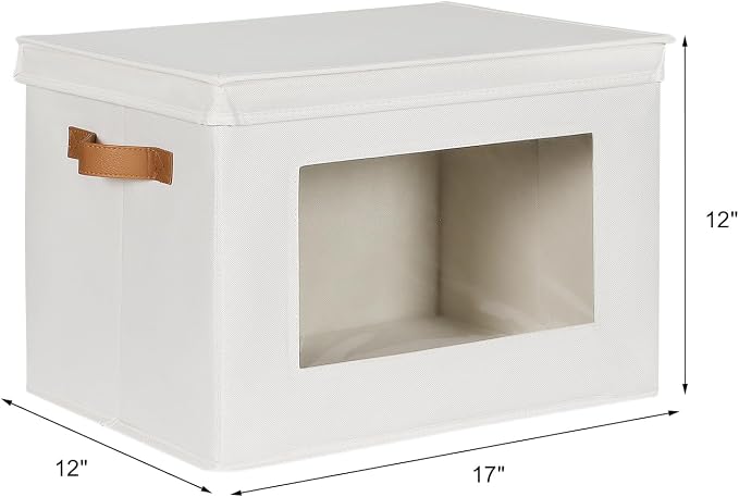 Univivi Fabric Storage Bins with Lids for Clothes 3 Pack, Beige | 17 x 12 x 12 In Foldable Storage Boxes with Handles, Clear Window, Closet Organizers for Home, Bedroom - Image 2