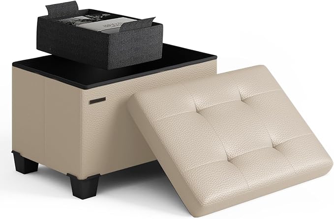 Storage Ottoman Cube with Small Bin, 16-in Square Ottoman with Storage for Living Room and Bedroom, Small Ottomans Foot Rest, Leather Foot Stools Ottomans Max 330lbs, Beige by STORAGEBUD