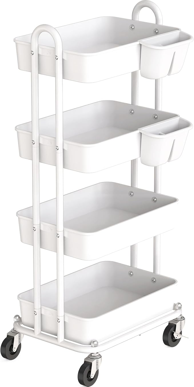 Simple Houseware 4-Tier Rolling Utility Cart with Hanging Bucket, White | Storage for Bathroom, Kitchen, Office, Study Room, Nursery Diaper by SimpleHouseware