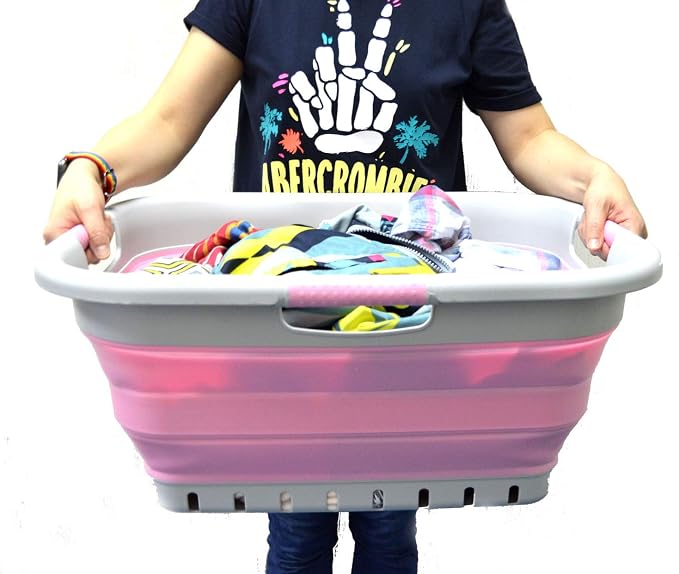 SAMMART 41L (10.8 gallon) Set of 2 Collapsible 3 Handled Plastic Laundry Basket-Foldable Pop Up Storage Container/Organizer-Space Saving Hamper/Basket (2, Grey/Pink) - Image 7