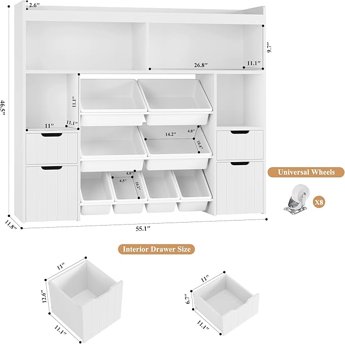 HORSTORS 55" W Toy Storage Organizer, Large Kids Bookshelf, Toy Box, White | 8 Plastic Storage Bins / 2 Removable Toy Storage Boxes / Open Shelves, Kids Bookcase with Drawers for Playroom, Kids Room - Image 3