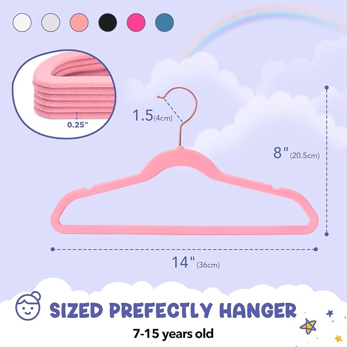 HOUSE DAY Velvet Kids Hangers 60 Pack, Premium Childrens Hangers for Closet | Blush Pink Ultra Thin Cute Clothes Hanger, Non Slip Small Felt Hanger 14 Inch for Kids Clothes +360° Swivel Rose Gold Hook - Image 8