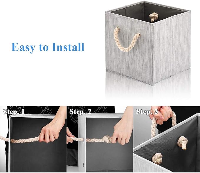 Foldable Bamboo Fabric Storage Bins [set of 4] with Cotton Rope Handles, Collapsible Organizer Boxes Basket - 10.5 x 10.5 x11 inch (Gray) - Image 4