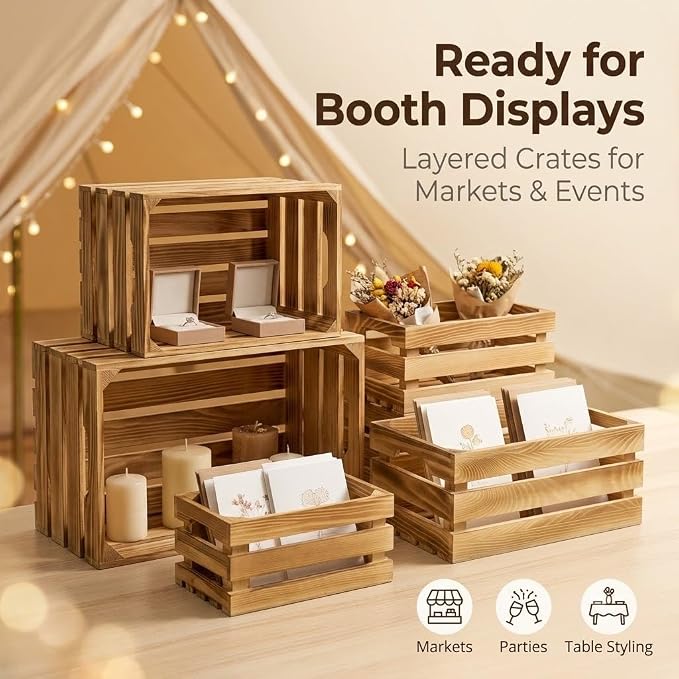 Wooden Crates for Display 6 Pack, Rustic Nesting Wood Crates | 6 sizes of pine wood crates with handles for farmhouse decor, storage, weddings, markets, and DIY crafts - Image 7