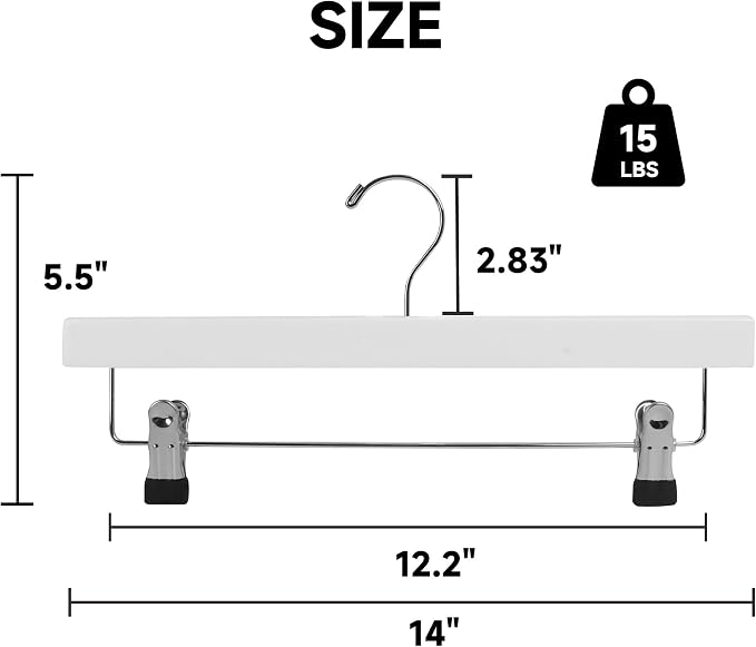 14" Wood Pants Hangers with Adjustable Non-Slip Clips, White, 12-Pack | Solid Wood Material, Bottom Hangers with 360° Swivel Hook, Space Saving Hangers for Skirts, Slacks, Trousers, Jeans - Image 2