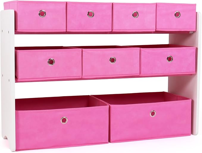 Humble Crew Kids Toy Organizer with 9 Fabric Bins, 3 Tier Storage Shelf | Sturdy wood and steel toddler frame, collapsible containers, wall anchor anti-tip safety kit for playroom, bedroom, classroom by HumbleCrew