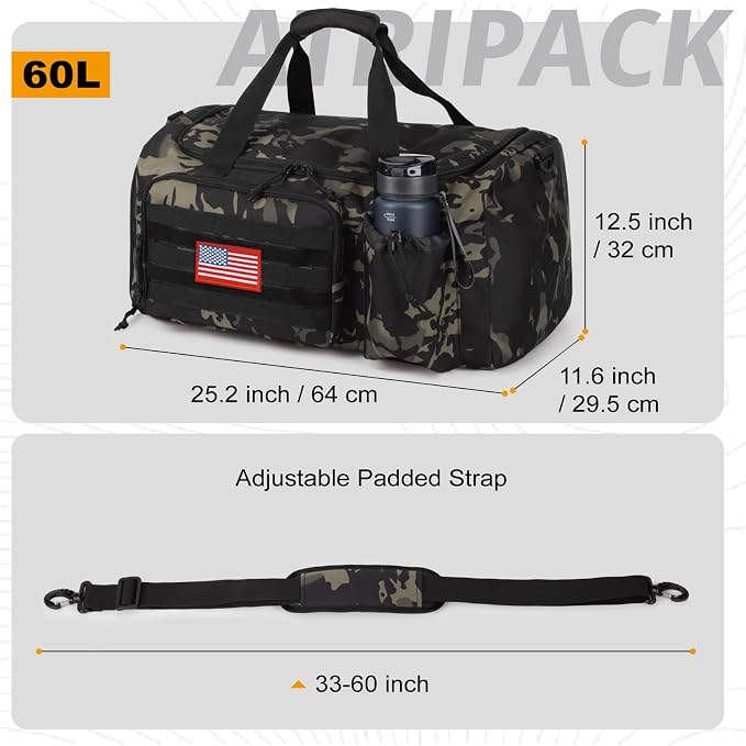 Tactical Gym Bag for Men, 60L Duffle Bag with Shoes Compartment for Travel | Water-Resistant Sports Weekender Bag with Adjustable Shoulder Strap Wet Pocket for Gym,Travel,Hiking,Camping Overnight Trips - Image 4
