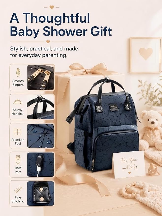 Diaper Bag Backpack, Unisex PU Leather, Very Dark Navy Blue, 16 Pockets, Insulated 3-Bottle Front, Removable Divider, Rear Zip Access, Wipes Dispenser, Stroller Straps, Luggage Sleeve - Image 9