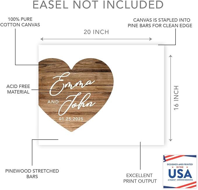 Andaz Press Custom Large Wedding Canvas Guestbook Alternative, 16 x 20 Inches, Rustic Wood Heart, Horizontal Personalized Sign Our Canvas, Welcome Sign for Fall, Rustic, Woodland Theme Events - Image 2