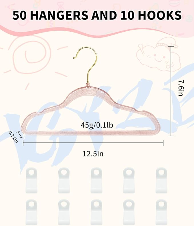 50pcs Slim Clear Toddler Hangers with 10 Connector Hooks for Kid's Closet | Swivel Golden Sparkling Baby Clothes Hangers with Gold Glitter for Infant Coat Outfit, Pink Perchas for Children Gril Nursery - Image 6