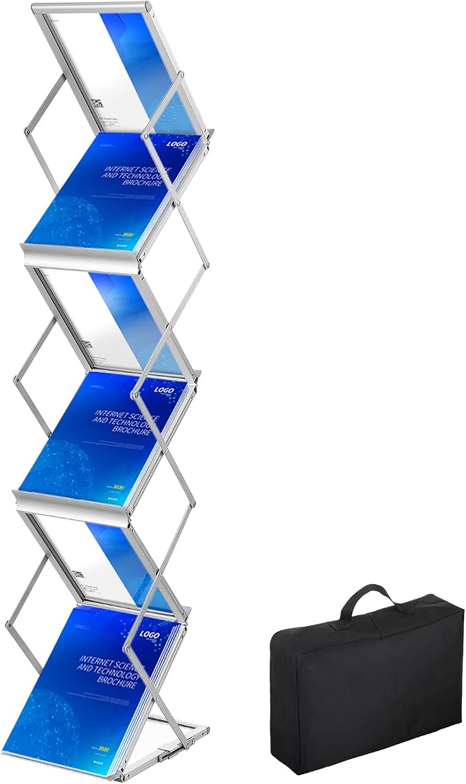 VEVOR Literature Rack, 6 Pockets, Pop up Aluminum Magazine Rack, Lightweight Catalog Holder Stand w/Carrying Bag for Living Room, Hotel, Trade Show, Exhibition, Office by VEVOR