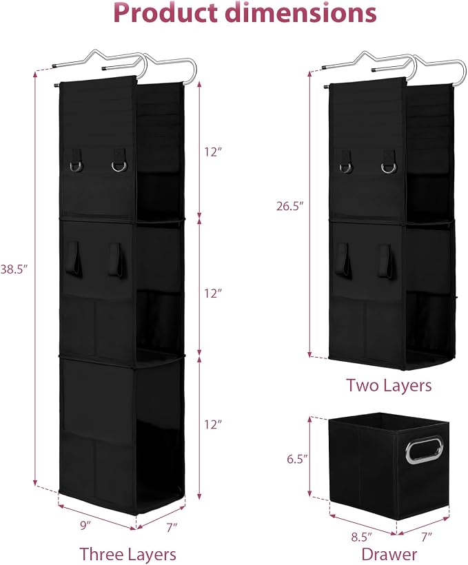 3 Shelf Hanging Locker Organizer with Side Pockets, Dark Black | Durable Oxford Fabric, Deep Shelves 9 in x 7 in, Adjustable Locker Shelf from 3 to 2 Shelves for School Locker, Gym, Closet - Image 3
