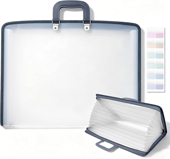 Dunzoom 1 Pack 11 x 17 Art Portfolios, Expanding File Organizer with 13 Pocket for Artwork, Plastic Clear Portfolio Holder Document Binder with Handle, Zipper and 120 Pcs Sticky Labels (Grey) by Dunzoom