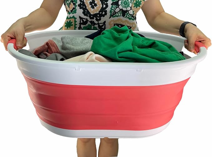 SAMMART 39L (10.3 gallons) Collapsible Plastic Laundry Basket - Foldable Washing Tub - Easy Storage & Pop Up Saving (White/Coral Pink(Set of 2)) - Image 7