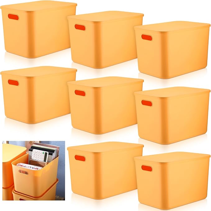 8 Pack Storage Bins, 14.2 X 10.2 X 9.5 Inch Yellow | Plastic Stackable Containers with Lid Handle, For Shelves Desktop Playroom Office, Organizing Toys Books Supplies Storage by Hoolerry
