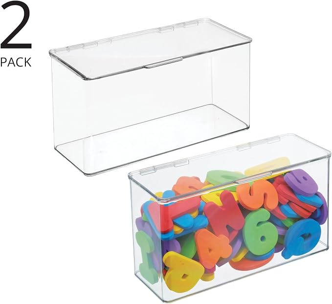 mDesign Plastic Stackable Playroom/Gaming Storage Organizer Bin Box with Hinged Lid for Drawer or Cabinet - Organize Electronics, Crayons, Games, Blocks, Toys, Lumiere Collection - 2 Pack - Clear - Image 2