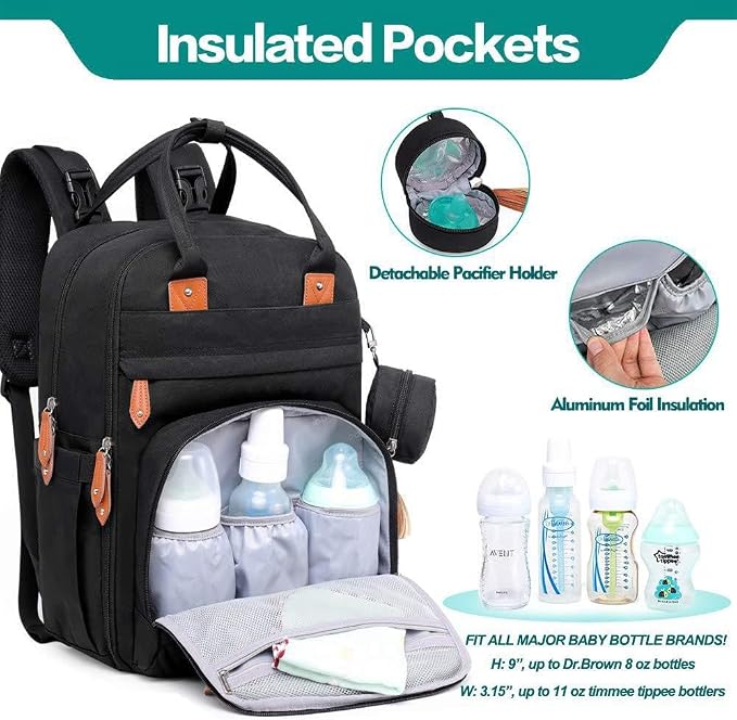 KAUKKO Baby Diaper Backpack Multifunction Travel Organizer with Stroller Straps Large Capacity and Durable (T1BLACK) (MBLACK) - Image 6