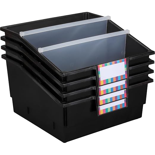 Really Good Stuff Black Picture Book Classroom Library Bins, 4 Pack | 13.5" x 13.5" x 7.75, Large Plastic Bin Organizers for Book Organization, Documents, Files, Magazines by ReallyGoodStuff