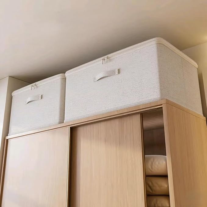 [3 Pack] Beige Cotton Linen Collapsible Storage Bins for Home Organization, Waterproof Fabric Foldable Organizer Boxes, 19.29 x 14.57 x 12.2 Inches, Zippered Flap & Handle (Extra Large) - Image 9