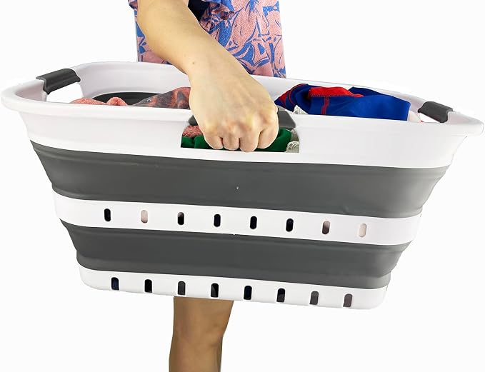 SAMMART Collapsible Plastic Rectangular Laundry Basket - Foldable Pop Up Storage Container/Organizer - Portable Laundry Hamper - Space Saving (White/Steel Grey, 42L) - Image 6
