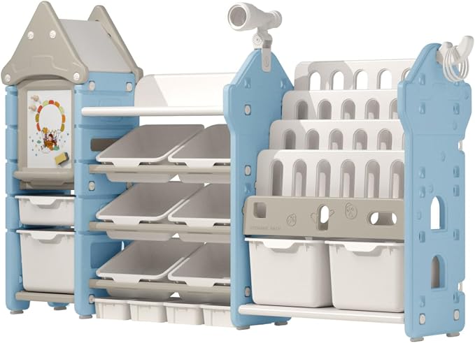 Kids Toy Storage Organizer with Bookshelf, 14-Bin Playroom Organizer and Bookcase, HDPE Toddler Storage Shelf with Drawing Board, for Nursery, Bedroom and Playroom (White & Blue) by UNICOO