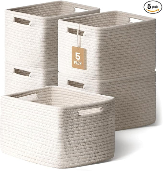 5 Pack Woven Storage Baskets, Decorative Storage Bins for Organizing | 13.8'' × 9.8'' × 7.9'', Soft Cotton Rope Basket Organizer for Closet, Shelves, bathroom, Nursery, Toys, Books, Pantry, White by YILOBI